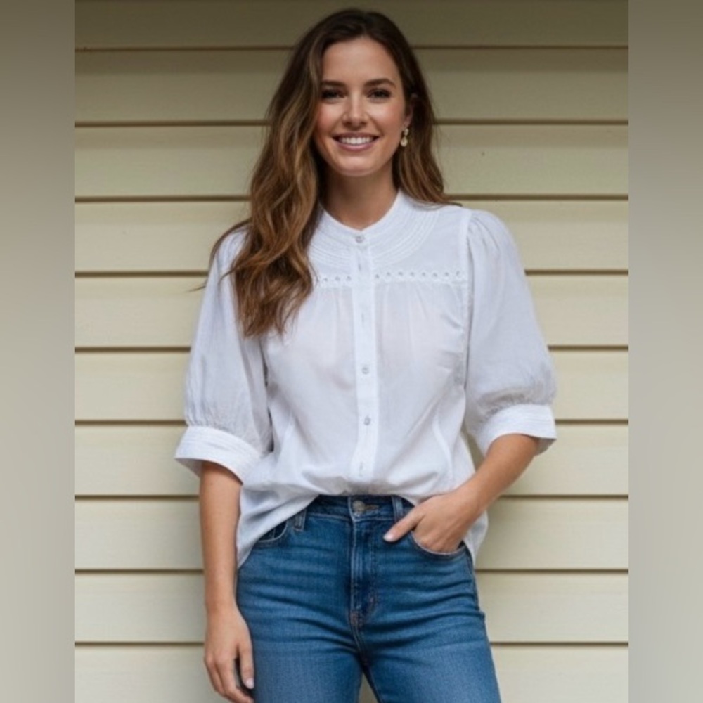 Madewell White Embroidered Puff Sleeve Blouse, Size 4